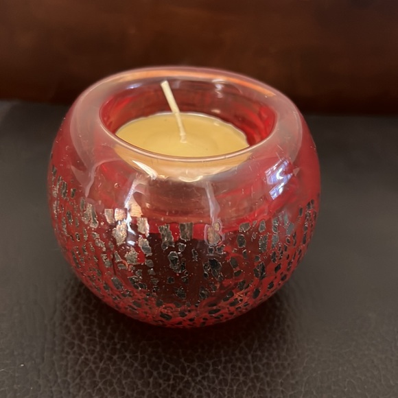 Murano Glass Orange Tea Light Candle Holder with Gold Fleck Accents - Picture 2 of 7